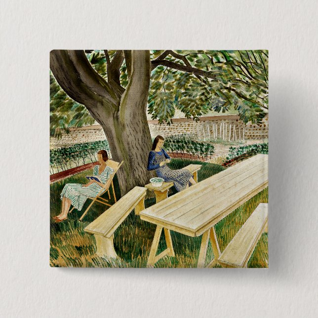Bóton Quadrado 5.08cm Eric Ravilious, Duas Mulheres num Jardim, (Frente)