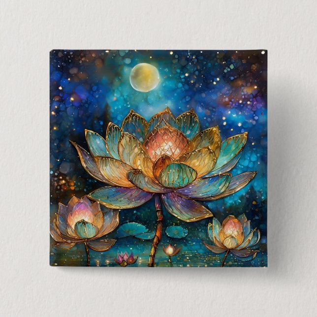 Bóton Quadrado 5.08cm Escondidas Flores de Vidro Lotus à Lua (Frente)