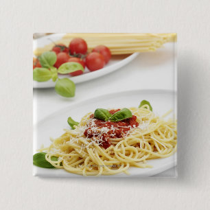 Bóton Quadrado 5.08cm Espaguetes com molho e manjericão de tomate