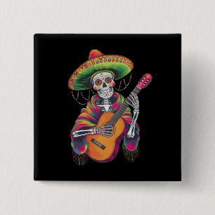Bóton Quadrado 5.08cm Esqueleto Crânio Guitarra De Festa Cinco De Mayo
