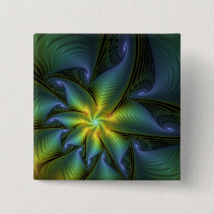 Bóton Quadrado 5.08cm Estrela Abstrata, Arte Fractal Dourada Azul Verde