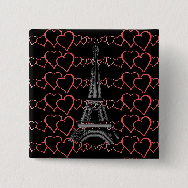 Bóton Quadrado 5.08cm Eu Amo Paris, Botão Pino Torre Eiffel (Frente)