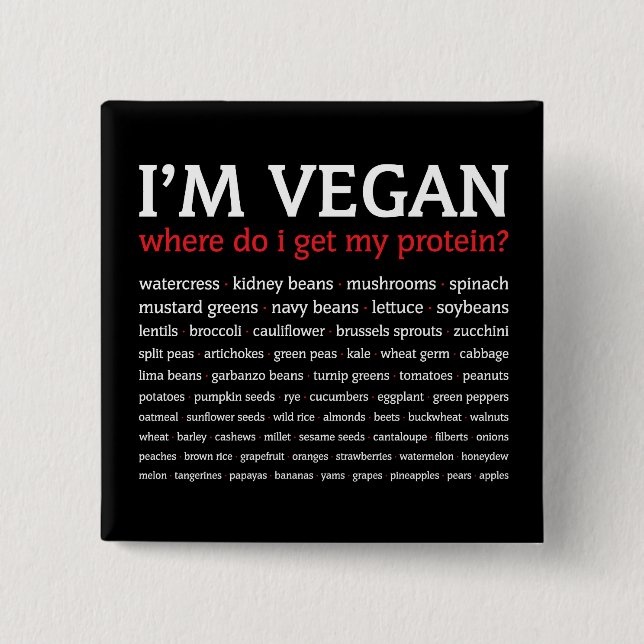 Bóton Quadrado 5.08cm Eu sou Vegan: De onde eu obtenho minha proteína? (Frente)