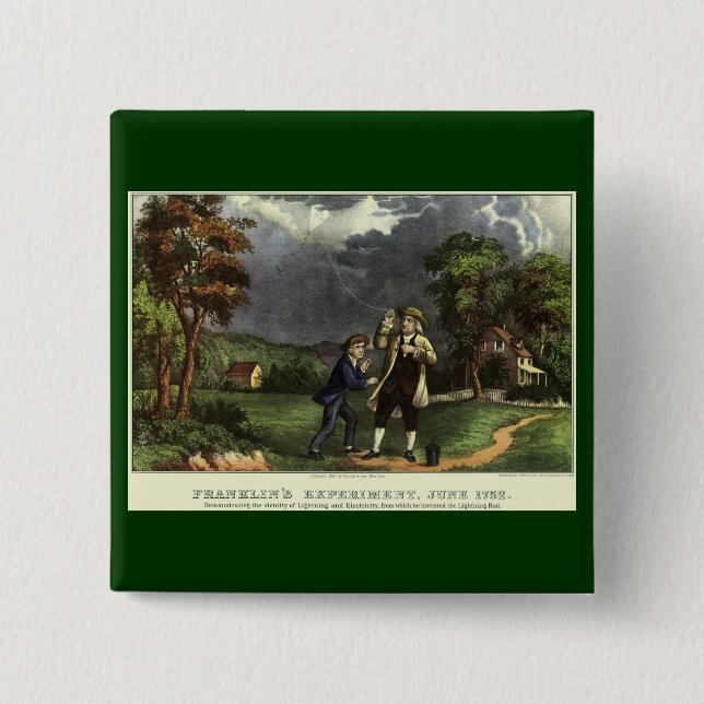 Bóton Quadrado 5.08cm Experiência de Benjamin Franklin com Pipa e Relâmp (Frente)