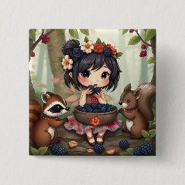 Bóton Quadrado 5.08cm Fada Chibi Comendo Amoras com Amigos da Floresta
