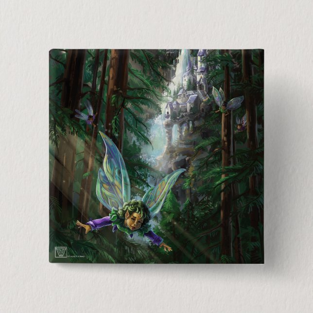 Bóton Quadrado 5.08cm Fadas da Floresta e Castelo da Cachoeira (Frente)