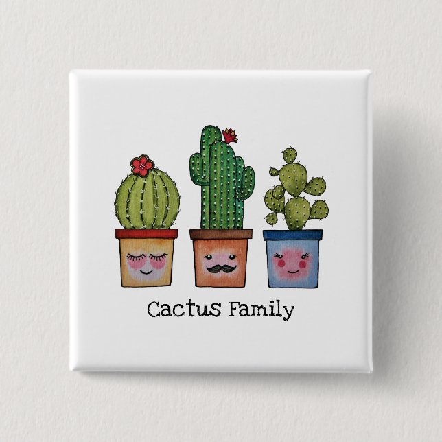 Bóton Quadrado 5.08cm Família Cute Cactus Em Aquarela (Frente)