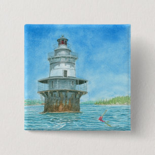 Bóton Quadrado 5.08cm Farol de Goose Rocks em Aquarela
