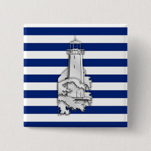 Bóton Quadrado 5.08cm Farol do estilo do cromo em listras náuticas azui