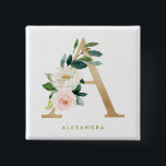 Bóton Quadrado 5.08cm Faux Gold Foil Bonito Floral - Letra A Monograma<br><div class="desc">Botão floral feminino e elegante com ilustrações aquáticas de flores,  verde e monograma de folha falsa. Personalize adicionando um nome ou uma frase curta. Este botão floral monograma será perfeito como presente personalizado.</div>