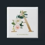 Bóton Quadrado 5.08cm Faux Gold Foil Bonito Floral - Letra A Monograma<br><div class="desc">Botão floral feminino e elegante com ilustrações aquáticas de flores,  verde e monograma de folha falsa. Personalize adicionando um nome ou uma frase curta. Este botão floral monograma será perfeito como presente personalizado.</div>