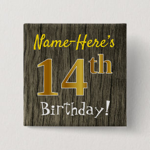 Bóton Quadrado 5.08cm Faux Wood, Faux Dourada 14 Birthday + nome persona