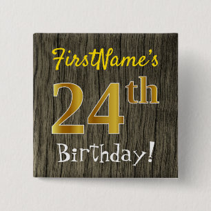Bóton Quadrado 5.08cm Faux Wood, Faux Dourado 24. Aniversário + Nome Pe