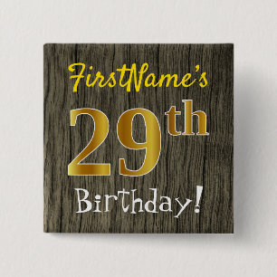 Bóton Quadrado 5.08cm Faux Wood, Faux Dourado 29. Aniversário + Nome Pe