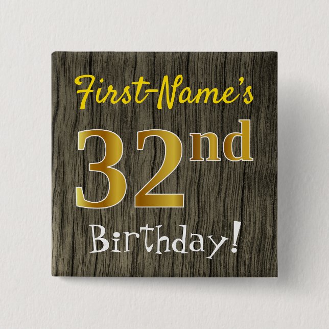 Bóton Quadrado 5.08cm Faux Wood, Faux Dourado 32º Aniversário + Nome Per (Frente)