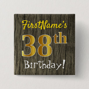 Bóton Quadrado 5.08cm Faux Wood, Faux Dourado 38. Aniversário + Nome Pe