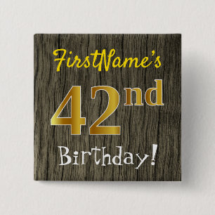 Bóton Quadrado 5.08cm Faux Wood, Faux Dourado 42º Aniversário + Nome P