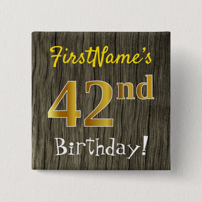 Bóton Quadrado 5.08cm Faux Wood, Faux Dourado 42º Aniversário + Nome Per (Frente)