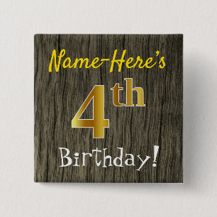 Bóton Quadrado 5.08cm Faux Wood, Faux Dourado 4.º aniversário + nome per