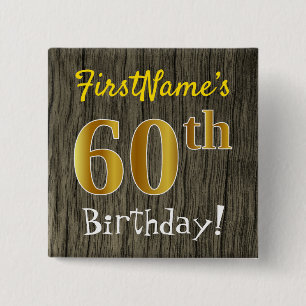 Bóton Quadrado 5.08cm Faux Wood, Faux Dourado 60º Aniversário + Nome P