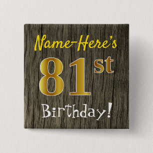 Bóton Quadrado 5.08cm Faux Wood, Faux Dourado 81rua Birthday + Nome Pers