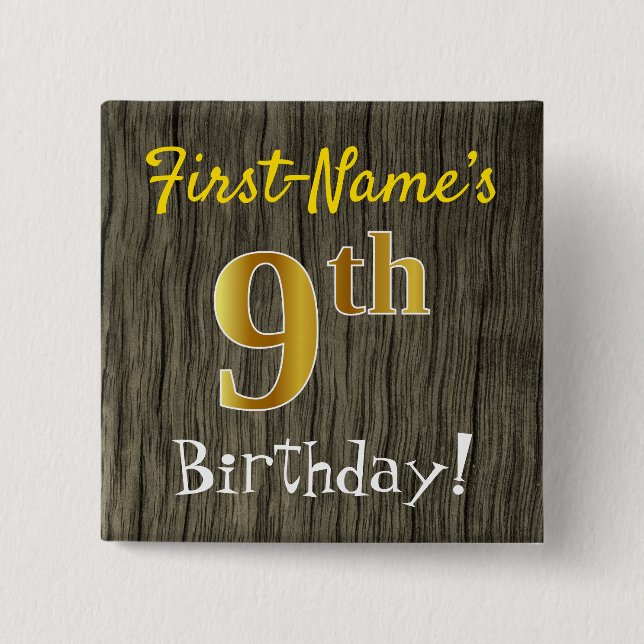 Bóton Quadrado 5.08cm Faux Wood, Faux Dourado 9.º aniversário + nome per (Frente)