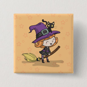 Bóton Quadrado 5.08cm Feiticeira e Gato do Halloween Botao