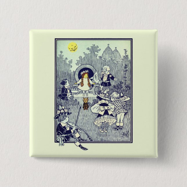 Bóton Quadrado 5.08cm Feiticeiro de Oz, Dorothy encontra os Munchkins (Frente)