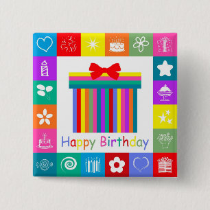 Bóton Quadrado 5.08cm Feliz aniversário