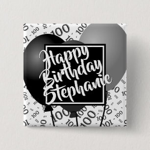 Bóton Quadrado 5.08cm Feliz Aniversário - 100º Padrão Número Preto/B