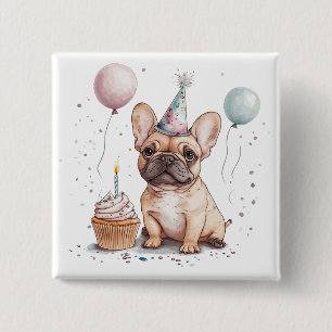Bóton Quadrado 5.08cm Feliz Aniversário Bulldog Francês