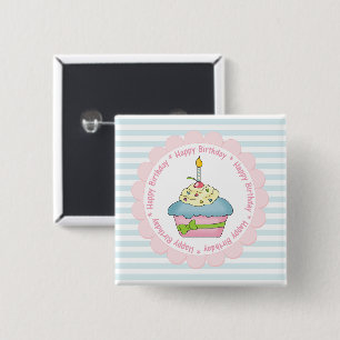 Bóton Quadrado 5.08cm Feliz aniversário Cupcakes Blue Stripes com rosa