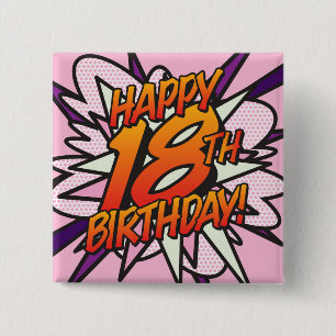 Bóton Quadrado 5.08cm FELIZ ANIVERSÁRIO DE 18 ANOS Pink Fun Retro Quadri