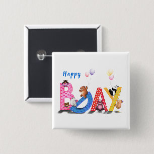 Bóton Quadrado 5.08cm Feliz Aniversário - Festa de Ursos Bebês Divers