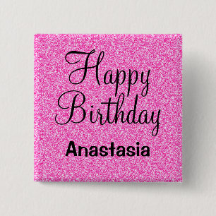 Bóton Quadrado 5.08cm Feliz Aniversário Glam Glitter Rosa Brilho Nome
