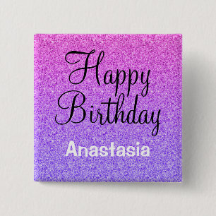 Bóton Quadrado 5.08cm Feliz Aniversário Glam Glitter Roxo Ombre Brilhos
