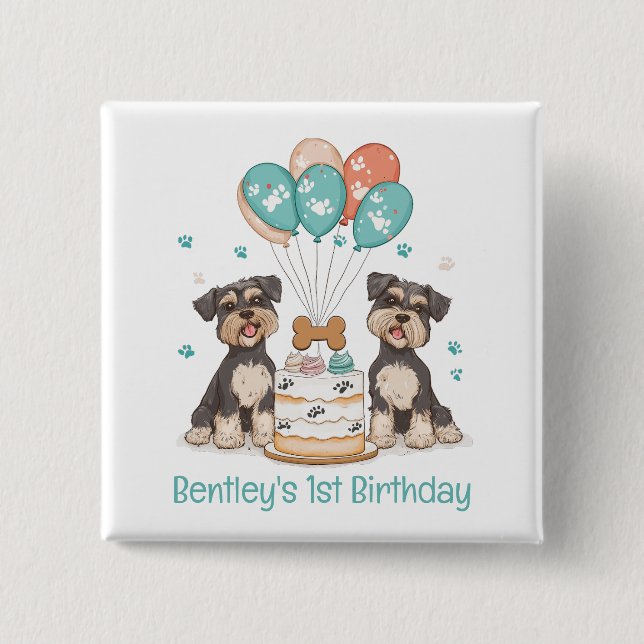 Bóton Quadrado 5.08cm Feliz Aniversário Schnauzer Cães (Frente)