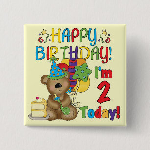 Bóton Quadrado 5.08cm Feliz Aniversário segundo aniversário do Urso de T