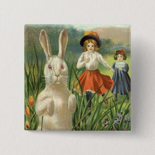Bóton Quadrado 5.08cm Feliz Eastertide Vintage Páscoa Bunny e Crianças