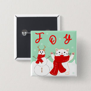 Bóton Quadrado 5.08cm Feliz Gato com Neve Botão de Natal bonito