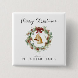 Bóton Quadrado 5.08cm Feliz Natal, coroa de folhagem com sinos de ouro