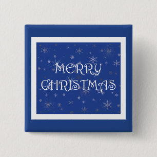 Bóton Quadrado 5.08cm Feliz Natal em Azul com Flocos de Neve