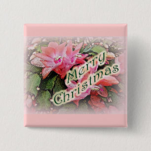 Bóton Quadrado 5.08cm Feliz Natal Flores de Cactus