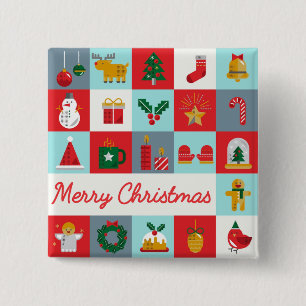 Bóton Quadrado 5.08cm Feliz Natal Ícone de Férias Retro Patchwork