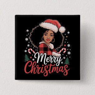 Bóton Quadrado 5.08cm Feliz Natal Menina Africana Negra Chapéu do Papai