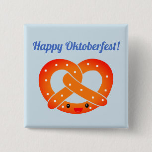 Bóton Quadrado 5.08cm "Feliz Oktoberfest!" Botão com Pretzel sorridente