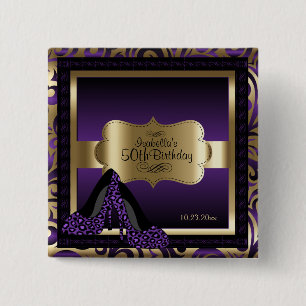 Bóton Quadrado 5.08cm Festa de aniversário   roxo e Dourado