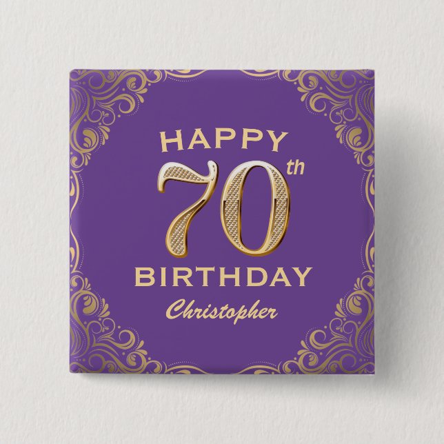 Bóton Quadrado 5.08cm Festa de aniversário Roxo e quadro Glitter Dourado (Frente)