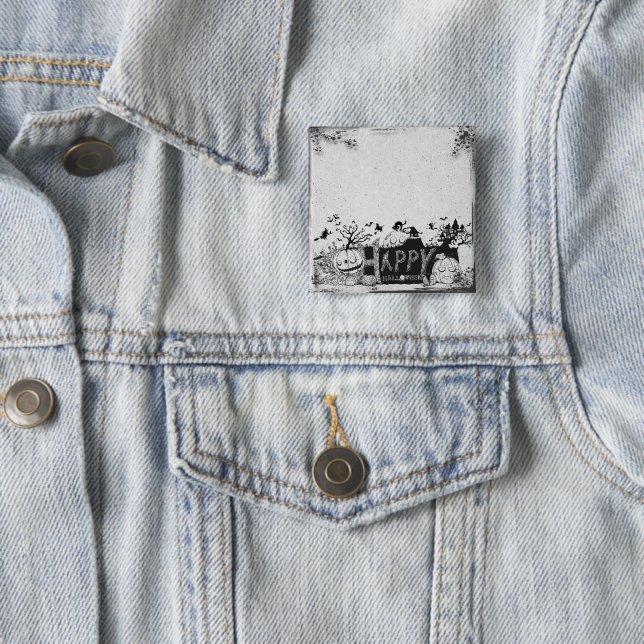 Bóton Quadrado 5.08cm Festa de Dia das Bruxas Preta e Branca (In Situ)