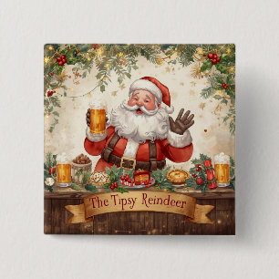 Bóton Quadrado 5.08cm Festa de Natal Britânica - Papai Noel no Pub